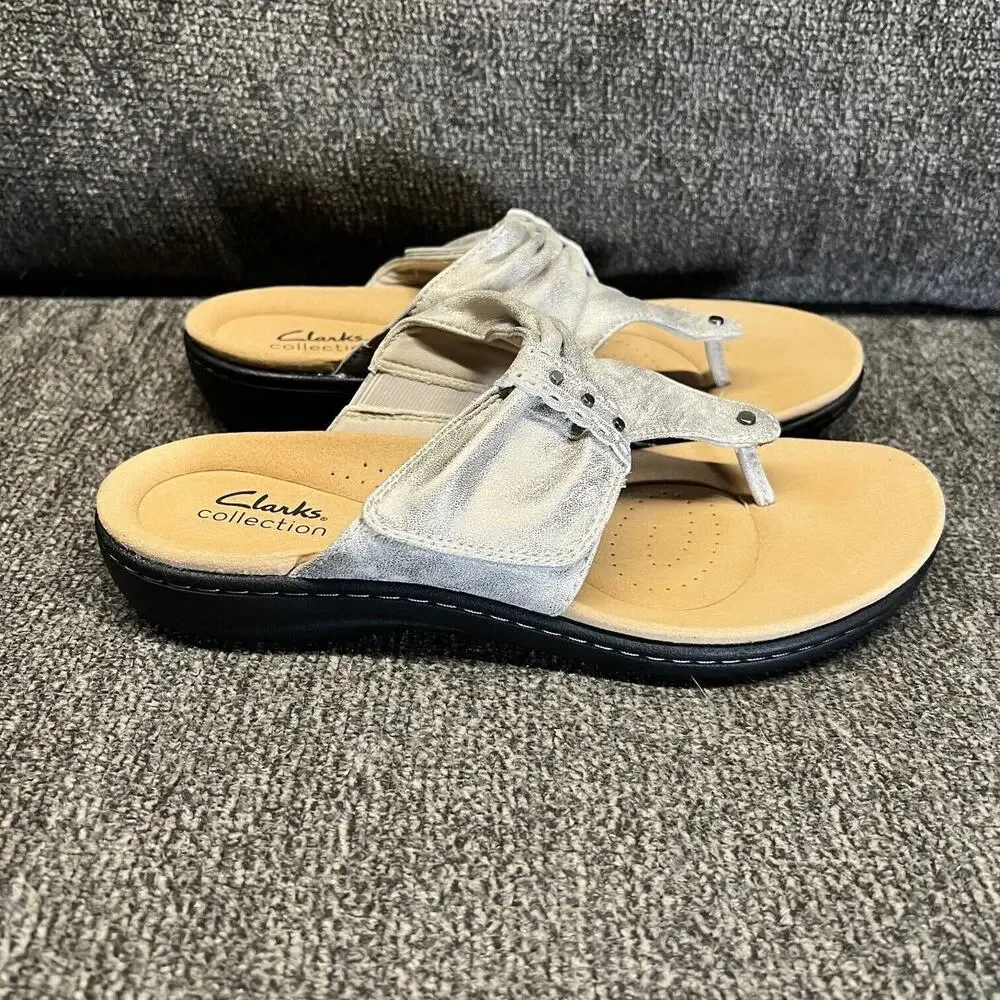 Clarks Sandal Womens 7.5 Metallic Leather Thong Flip Flop Adjustable Strap